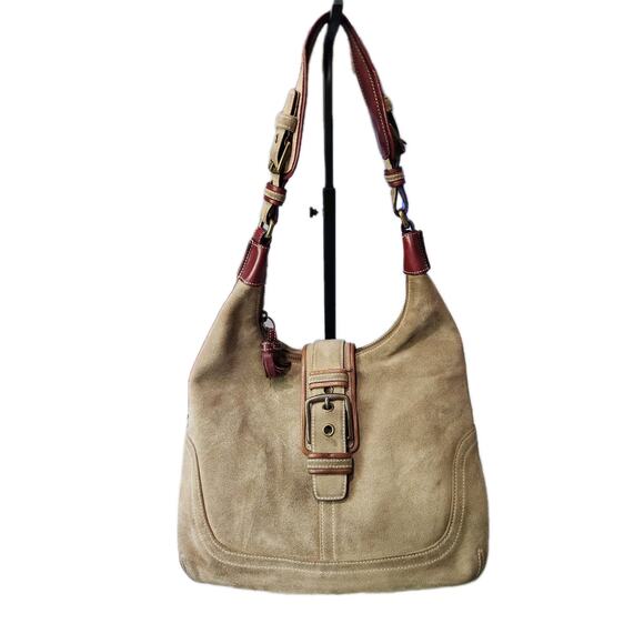 Coach Handbags - Vintage Coach Hamilton Hobo Shoulder Bag Suede Beige / Burgundy 705S-7472